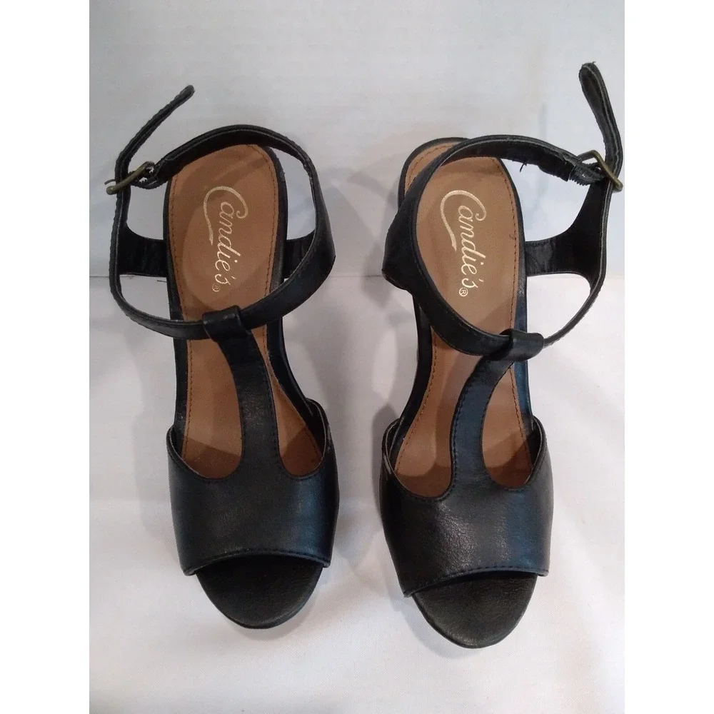 Candies Macao Platform‎ Wedge Sandals Black Peep Toe T Strap Y2K Goth Date Night